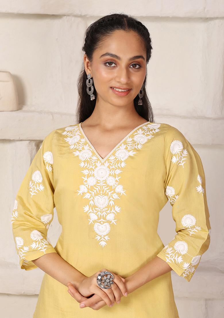 Yellow Embroidered Chanderi Kurti Set - Indya