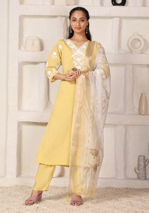 Yellow Embroidered Chanderi Kurti Set