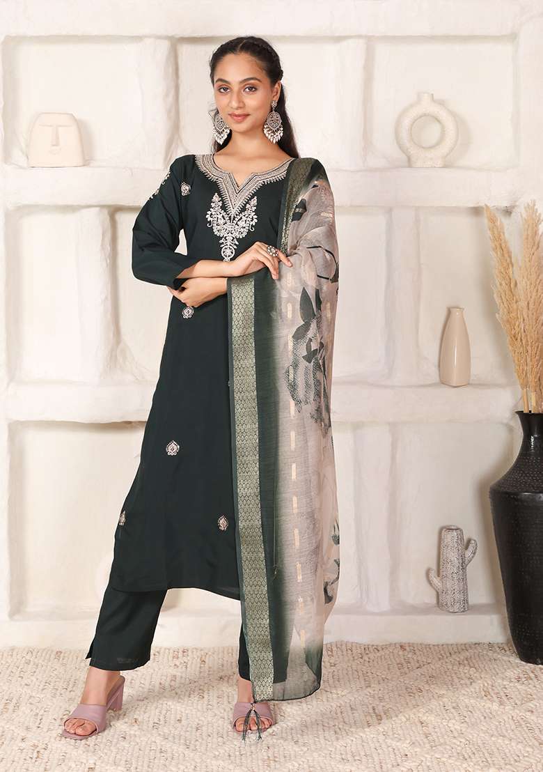 Bottle Green Embroidered Chanderi Straight Kurta Set - Indya