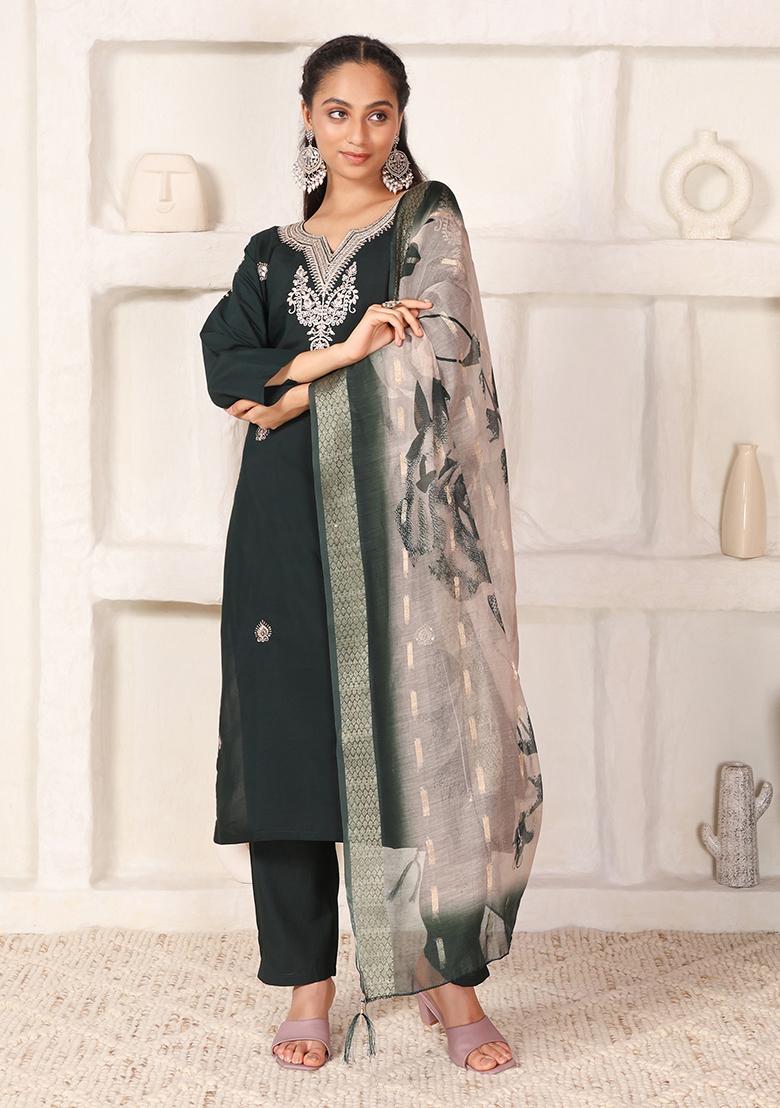 Bottle Green Embroidered Chanderi Kurti Set - Indya