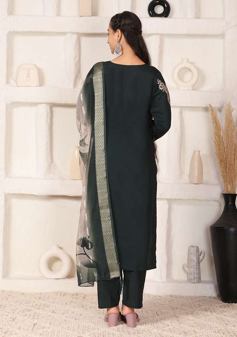 Bottle Green Embroidered Chanderi Straight Kurta Set - Indya