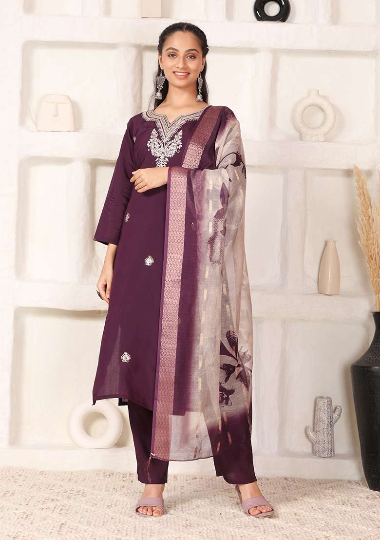 Wine Embroidered Chanderi Straight Kurta Set - Indya