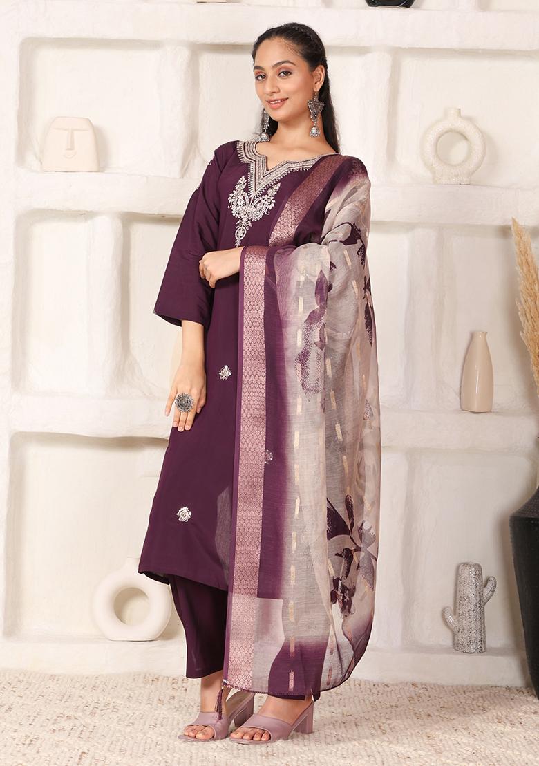 Wine Embroidered Chanderi Kurti Set - Indya