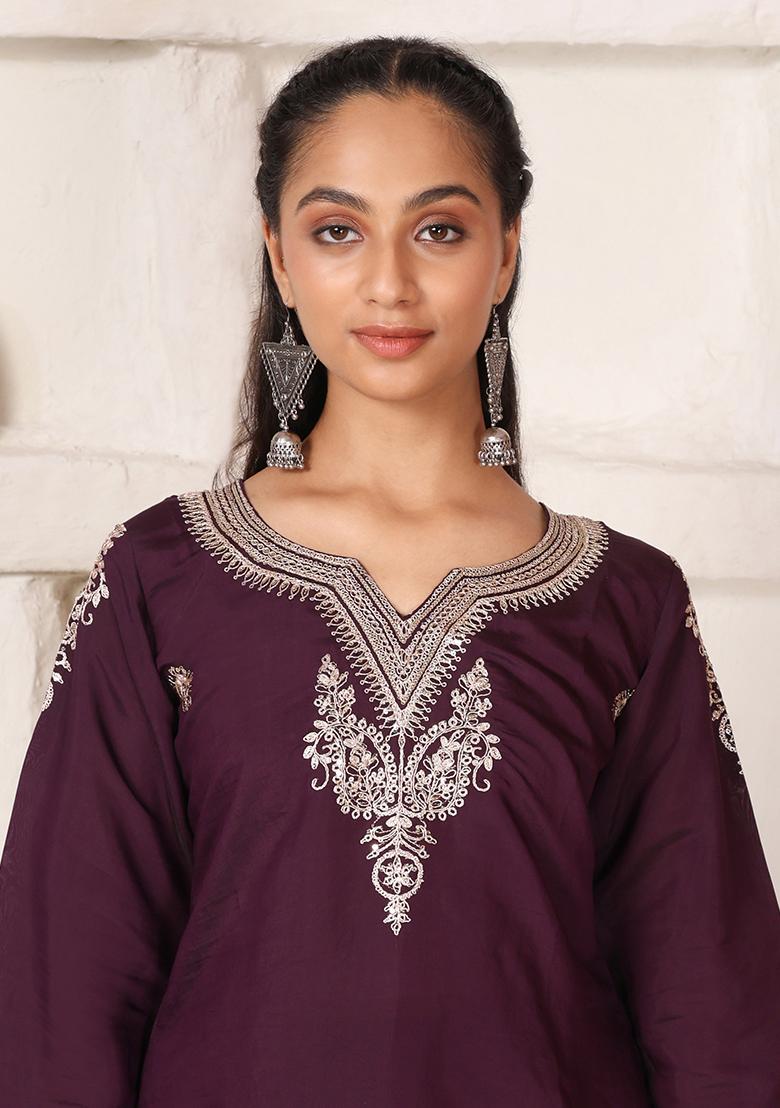 Wine Embroidered Chanderi Kurti Set - Indya