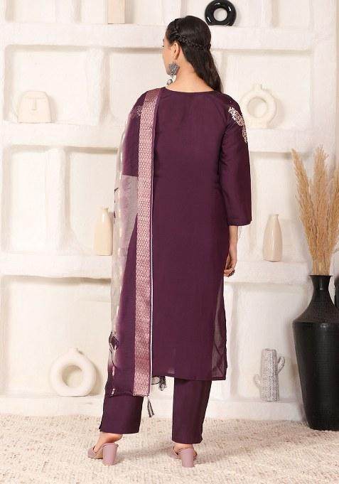 Buy Women Wine Embroidered Chanderi Straight Kurta Set - XKS79378 ...