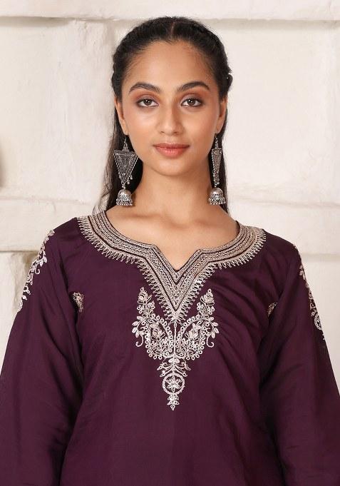 Buy Women Wine Embroidered Chanderi Straight Kurta Set - XKS79378 ...