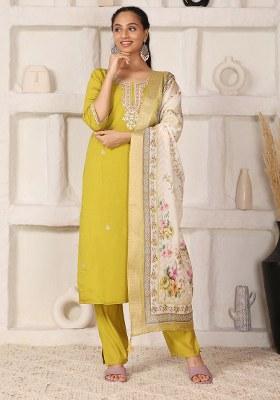 Mustard Embroidered Chanderi Kurti Set