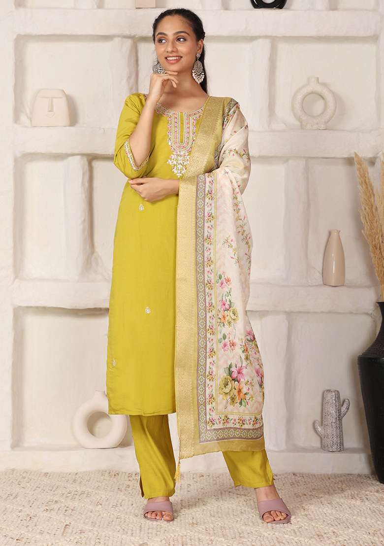 Mustard Embroidered Chanderi Straight Kurta Set - Indya