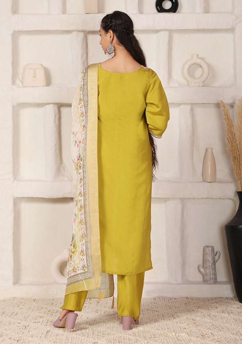 Mustard Embroidered Chanderi Straight Kurta Set - Indya