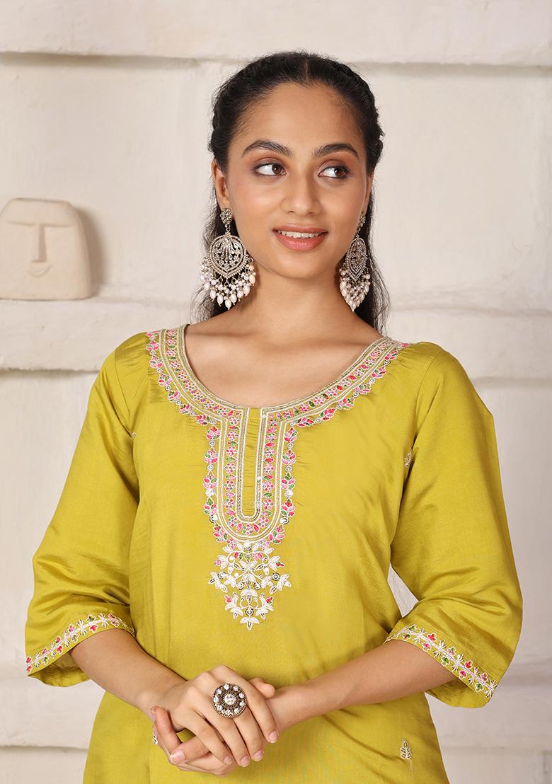 Mustard Embroidered Chanderi Kurti Set - Indya