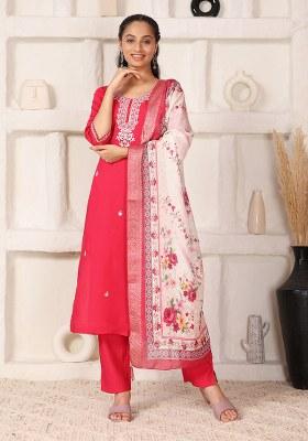 Rani Pink Embroidered Chanderi Kurti Set