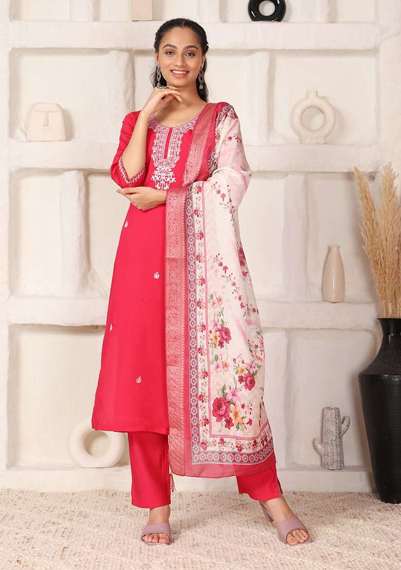 Rani Pink Embroidered Chanderi Straight Kurta Set - Indya