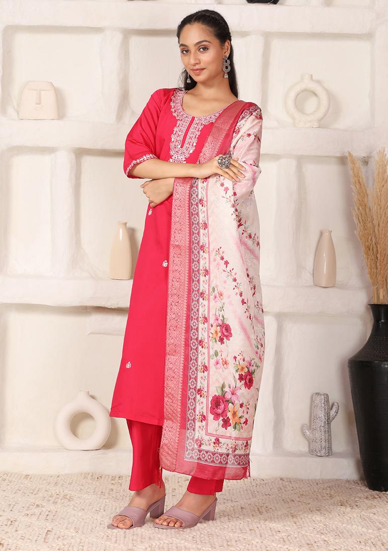 Rani Pink Embroidered Chanderi Kurti Set - Indya