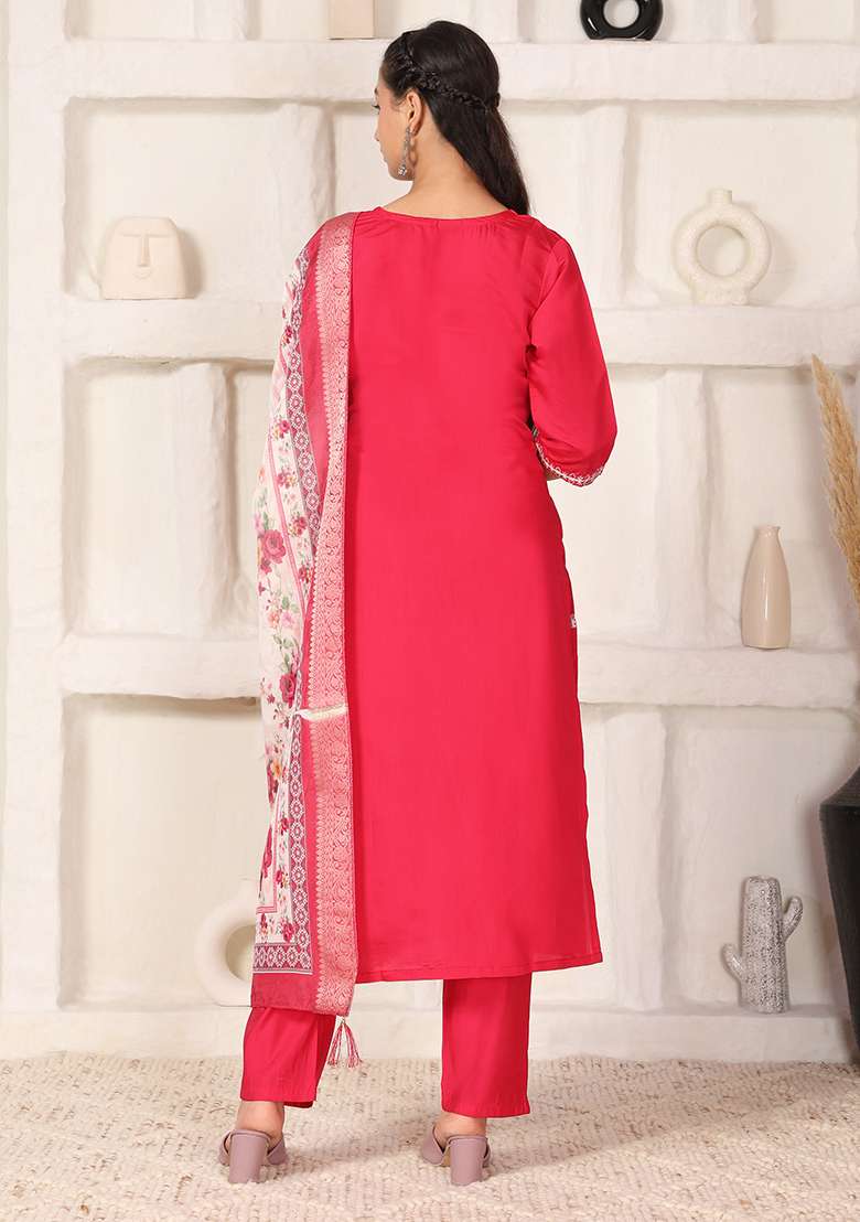 Rani Pink Embroidered Chanderi Straight Kurta Set - Indya