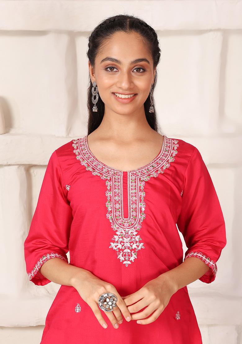 Rani Pink Embroidered Chanderi Kurti Set - Indya
