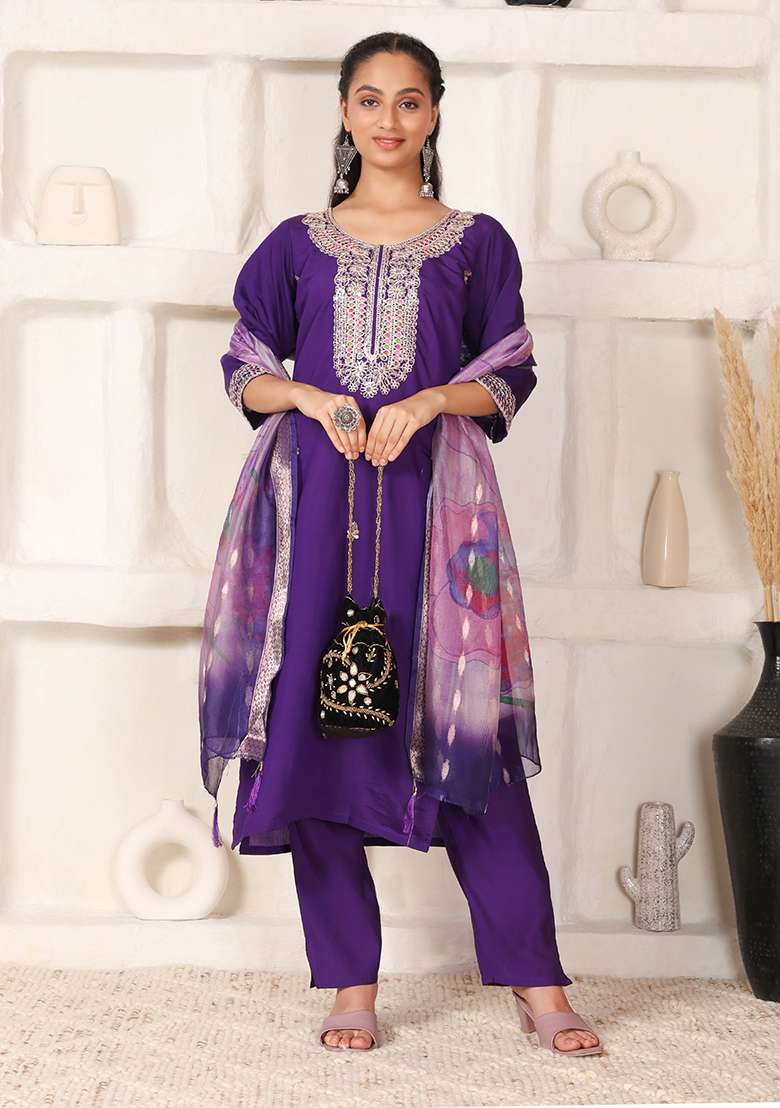 Dark Purple Embroidered Chanderi Straight Kurta Set - Indya