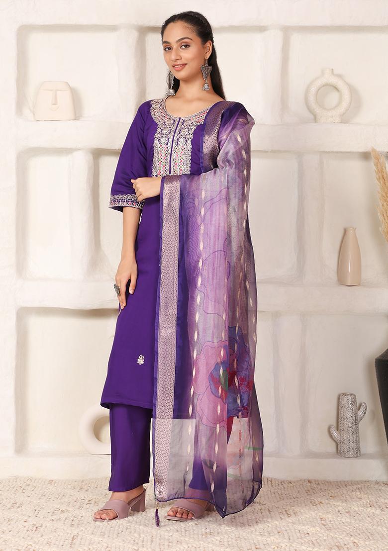 Dark Purple Embroidered Chanderi Kurti Set - Indya