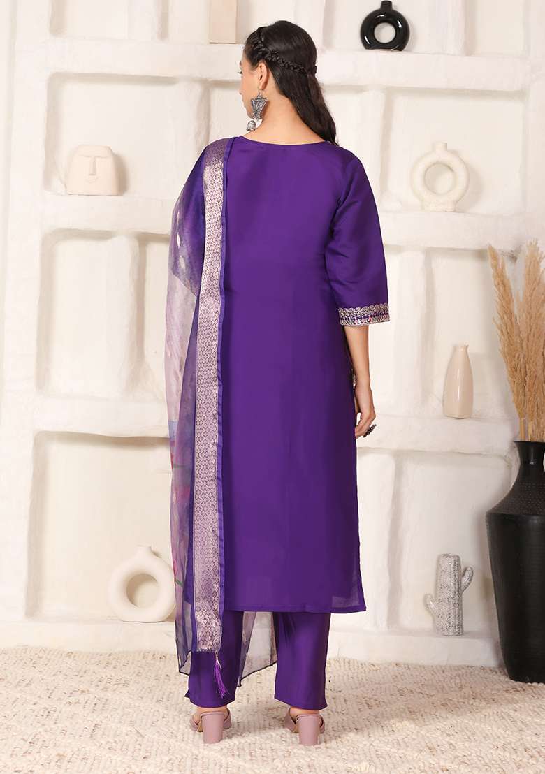 Dark Purple Embroidered Chanderi Straight Kurta Set - Indya