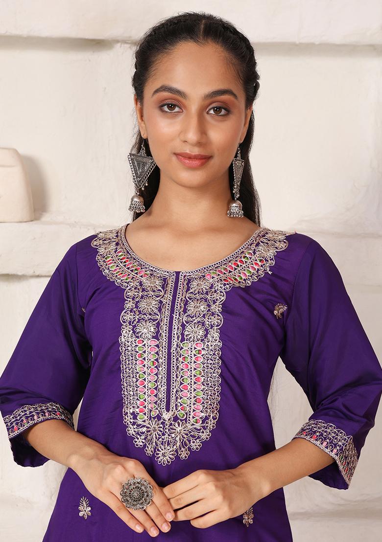 Dark Purple Embroidered Chanderi Kurti Set - Indya