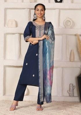 Teal Blue Embroidered Chanderi Kurti Set