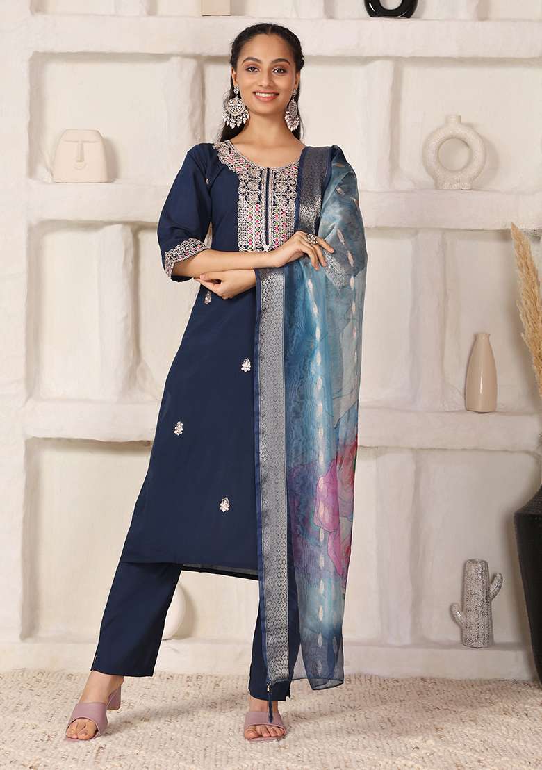 Teal Blue Embroidered Chanderi Straight Kurta Set - Indya