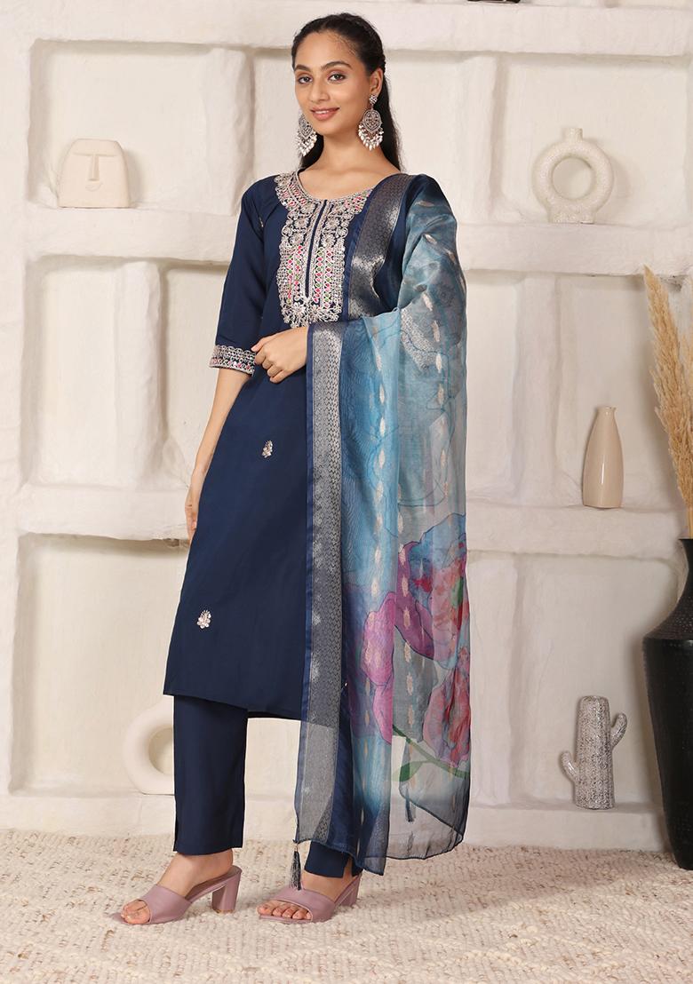 Teal Blue Embroidered Chanderi Kurti Set - Indya