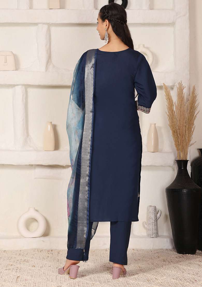 Teal Blue Embroidered Chanderi Straight Kurta Set - Indya