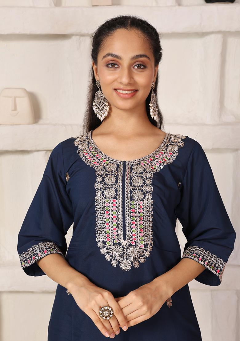 Teal Blue Embroidered Chanderi Kurti Set - Indya