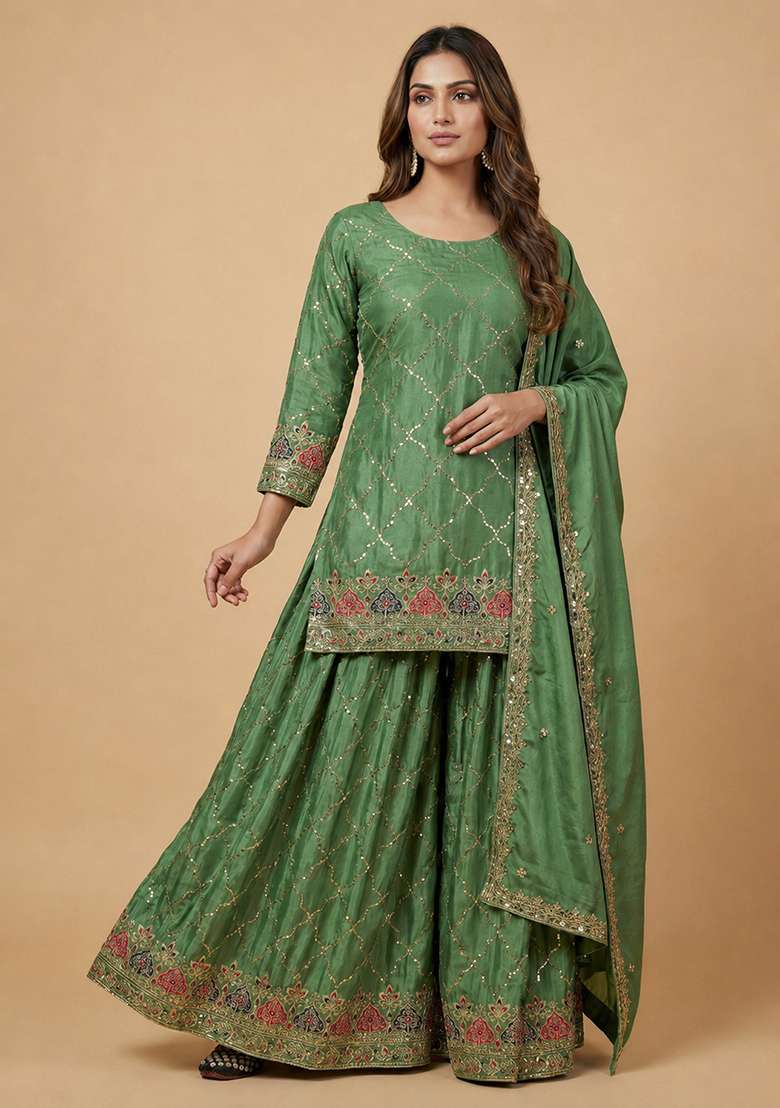 Sea Green Embroidered Silk Blend Sharara Set - Indya