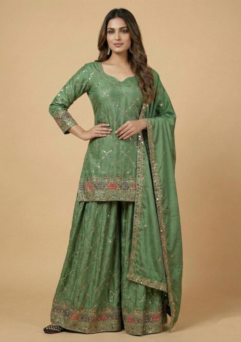 Sea Green Embroidered Silk Salwar Suit - Indya