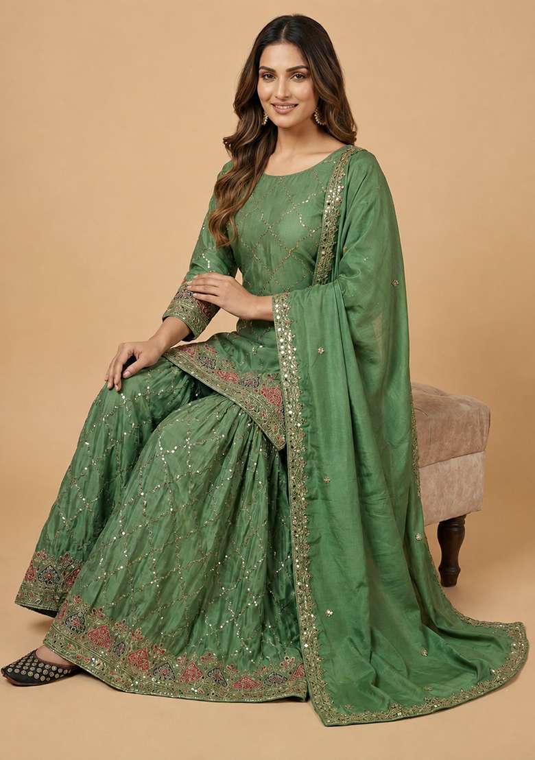 Sea Green Embroidered Silk Blend Sharara Set - Indya