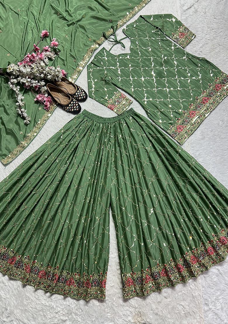 Sea Green Embroidered Silk Salwar Suit - Indya