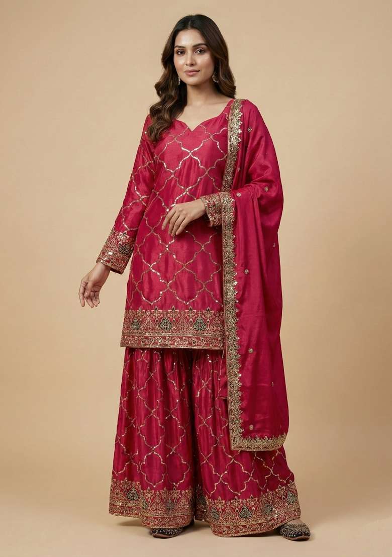 Pink Embroidered Silk Blend Sharara Set - Indya