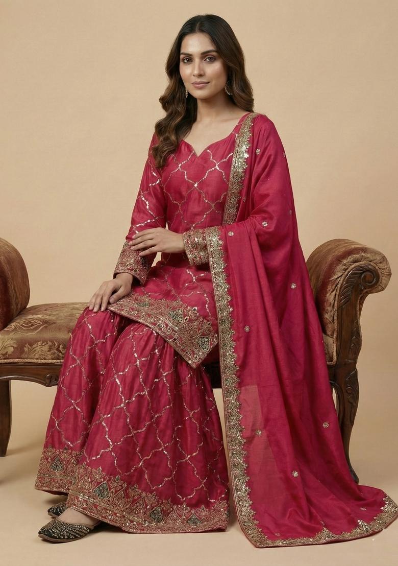 Pink Embroidered Silk Salwar Suit - Indya