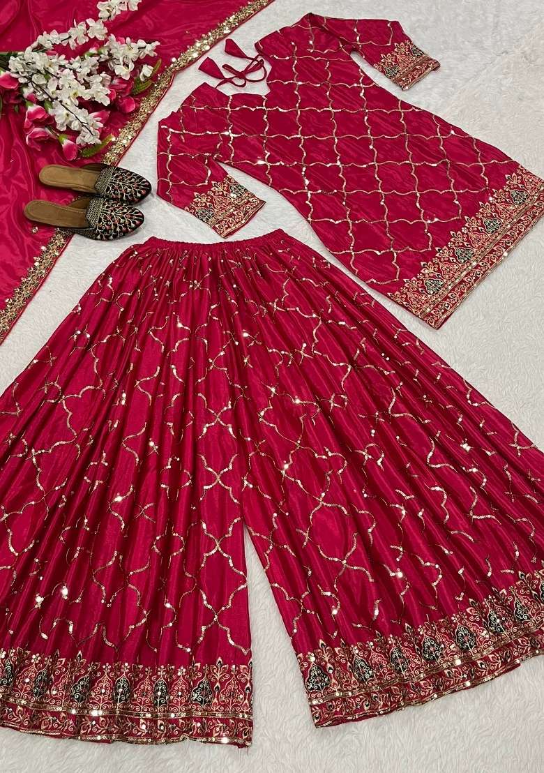 Pink Embroidered Silk Blend Sharara Set - Indya