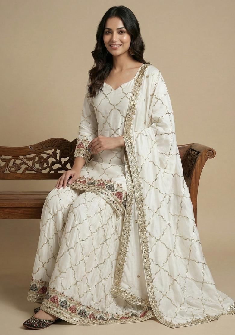 White Embroidered Silk Salwar Suit - Indya