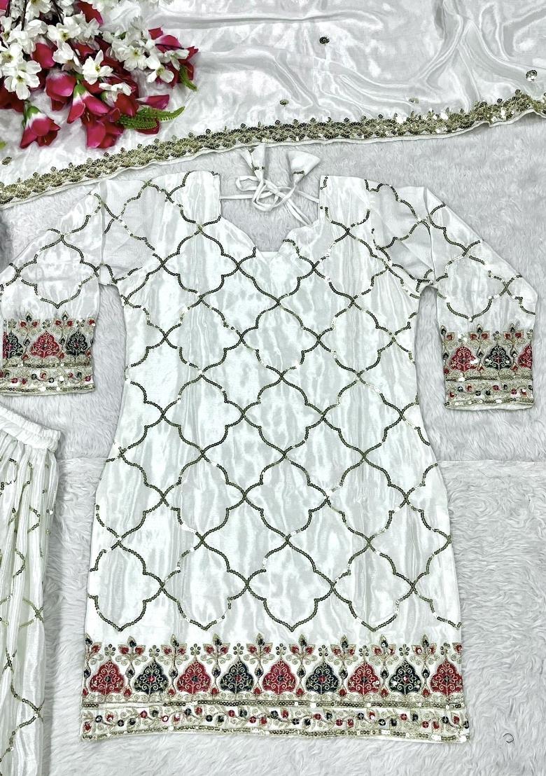 White Embroidered Silk Salwar Suit - Indya