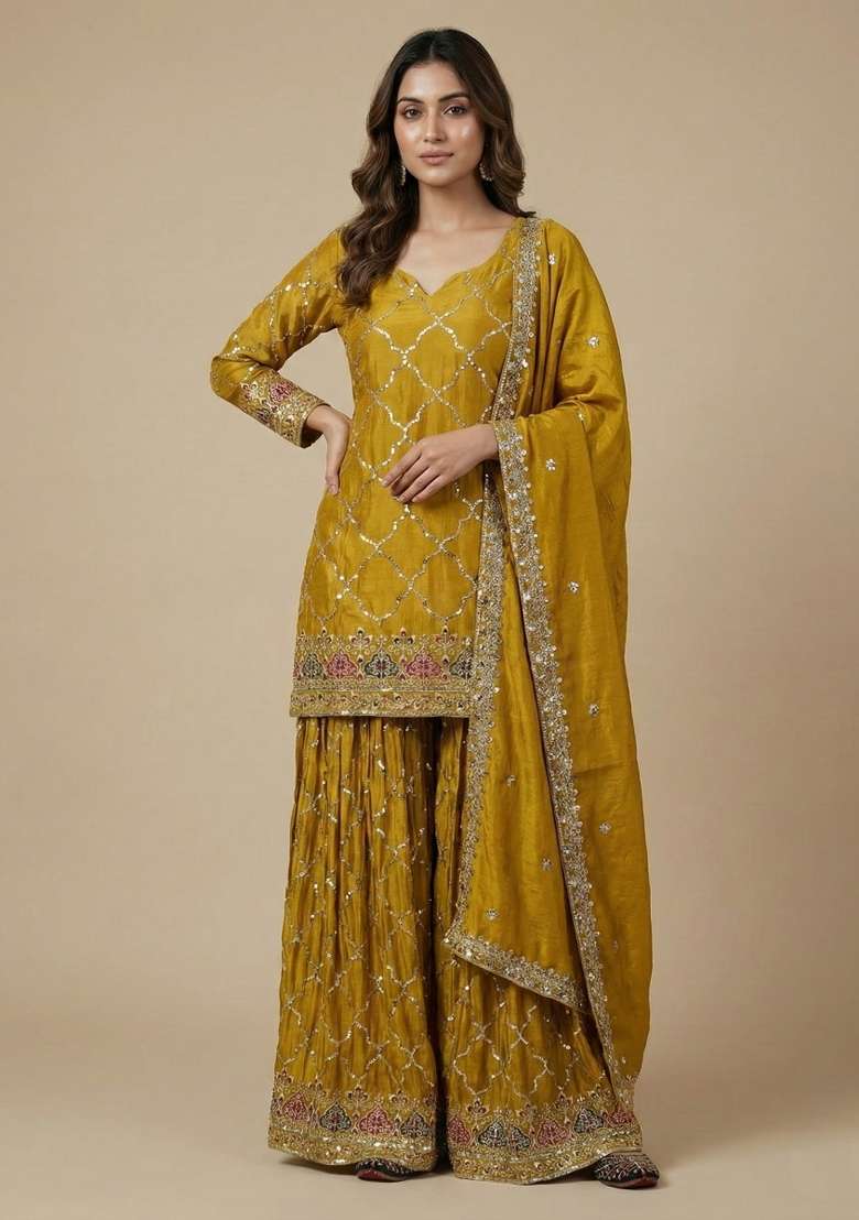 Yellow Embroidered Silk Blend Sharara Set - Indya