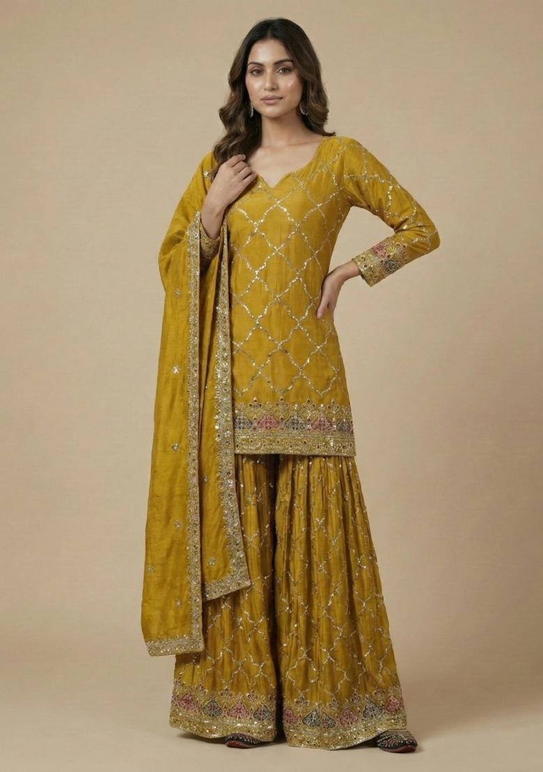 Yellow Embroidered Silk Salwar Suit - Indya
