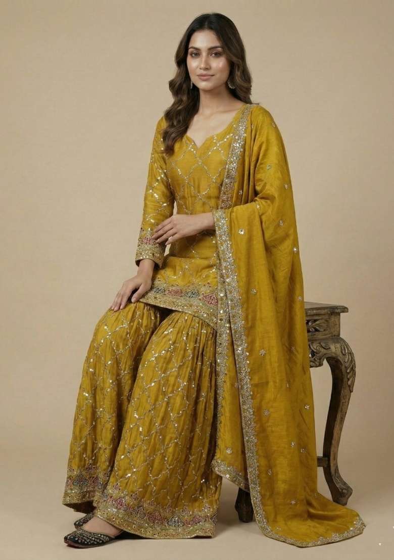 Yellow Embroidered Silk Blend Sharara Set - Indya
