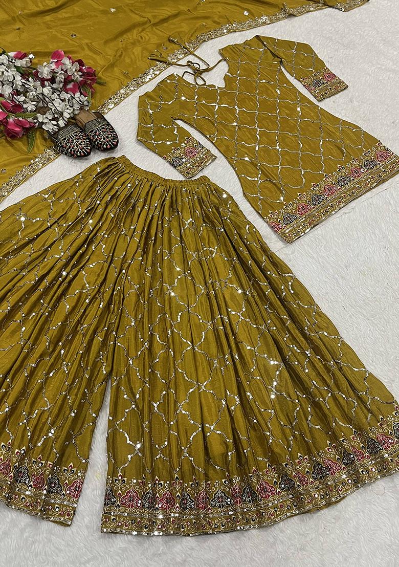 Yellow Embroidered Silk Salwar Suit - Indya