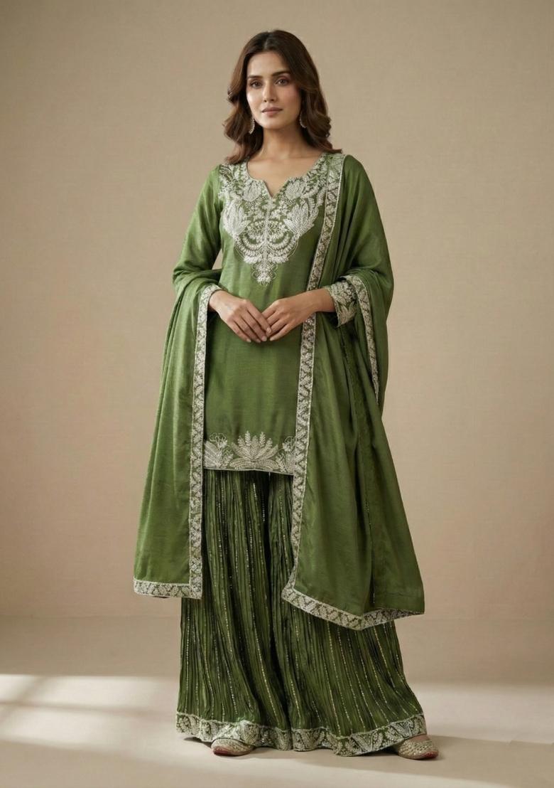 Mehendi Green Embroidered Silk Salwar Suit - Indya