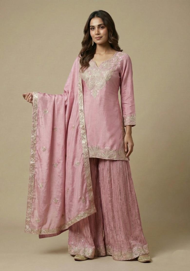 Light Pink Embroidered Silk Salwar Suit - Indya
