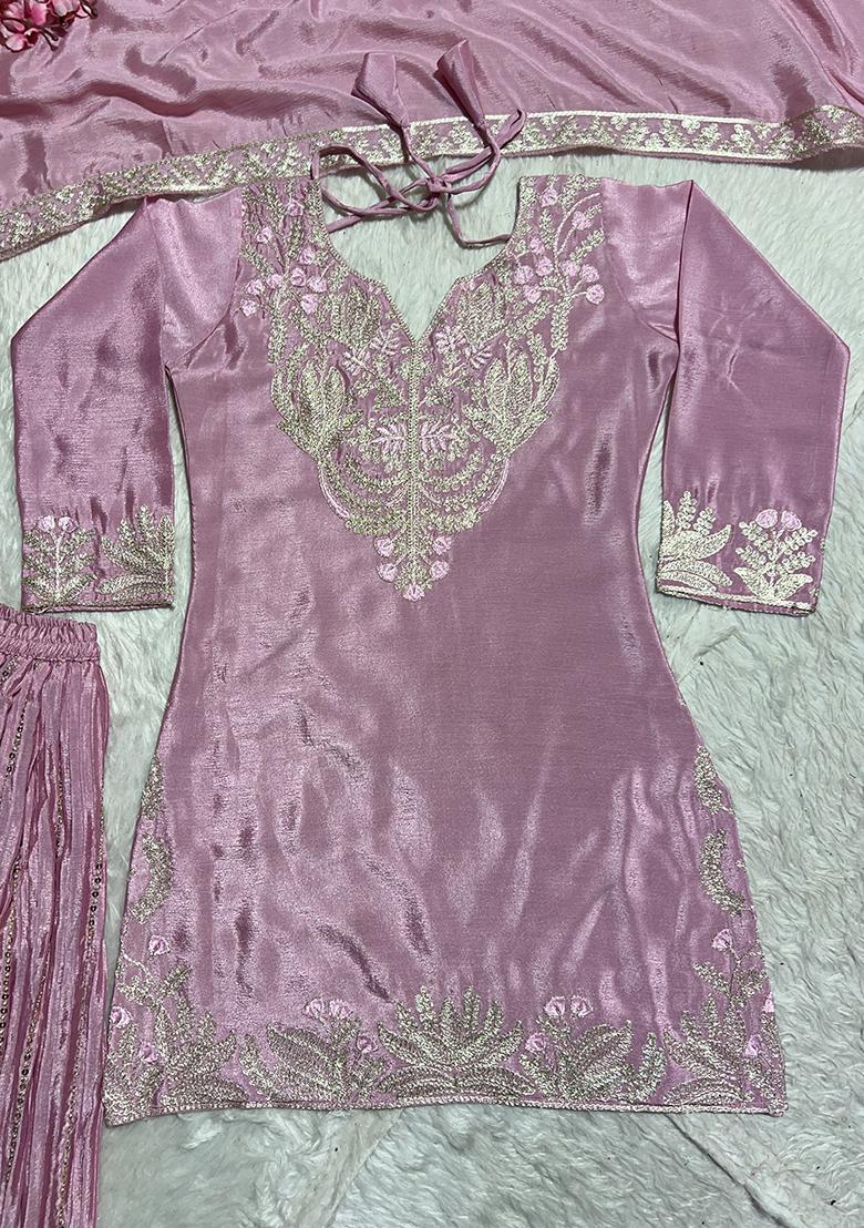 Light Pink Embroidered Silk Salwar Suit - Indya