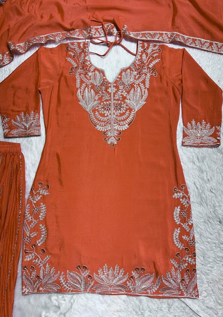 Orange Embroidered Silk Salwar Suit - Indya