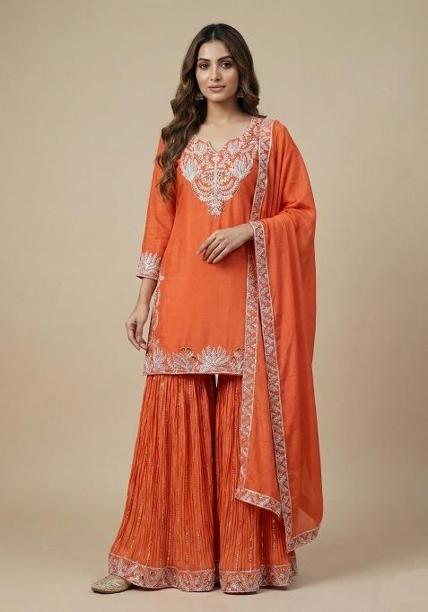 Orange Embroidered Silk Salwar Suit