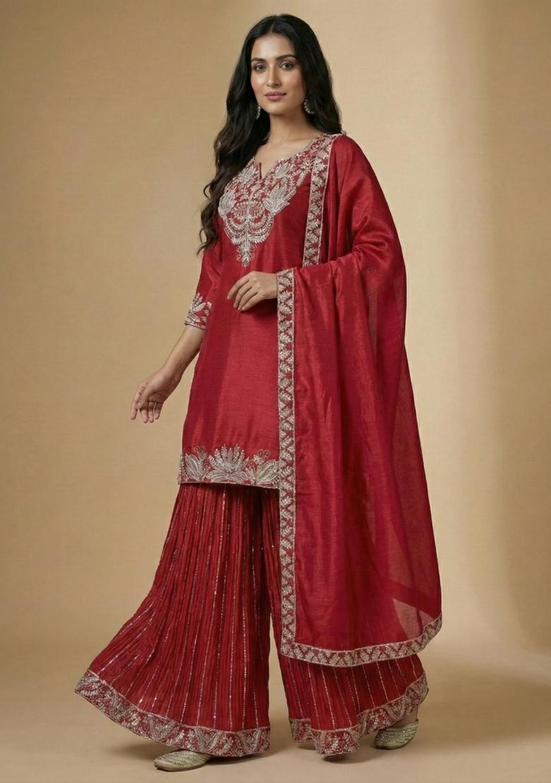 Pink Embroidered Silk Salwar Suit - Indya