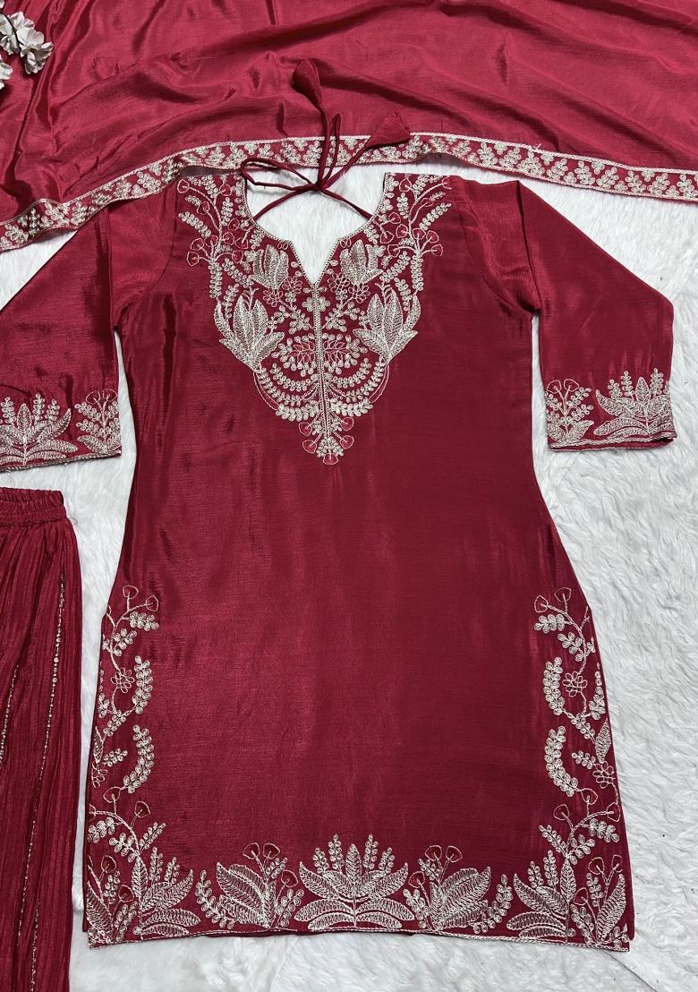 Pink Embroidered Silk Salwar Suit - Indya