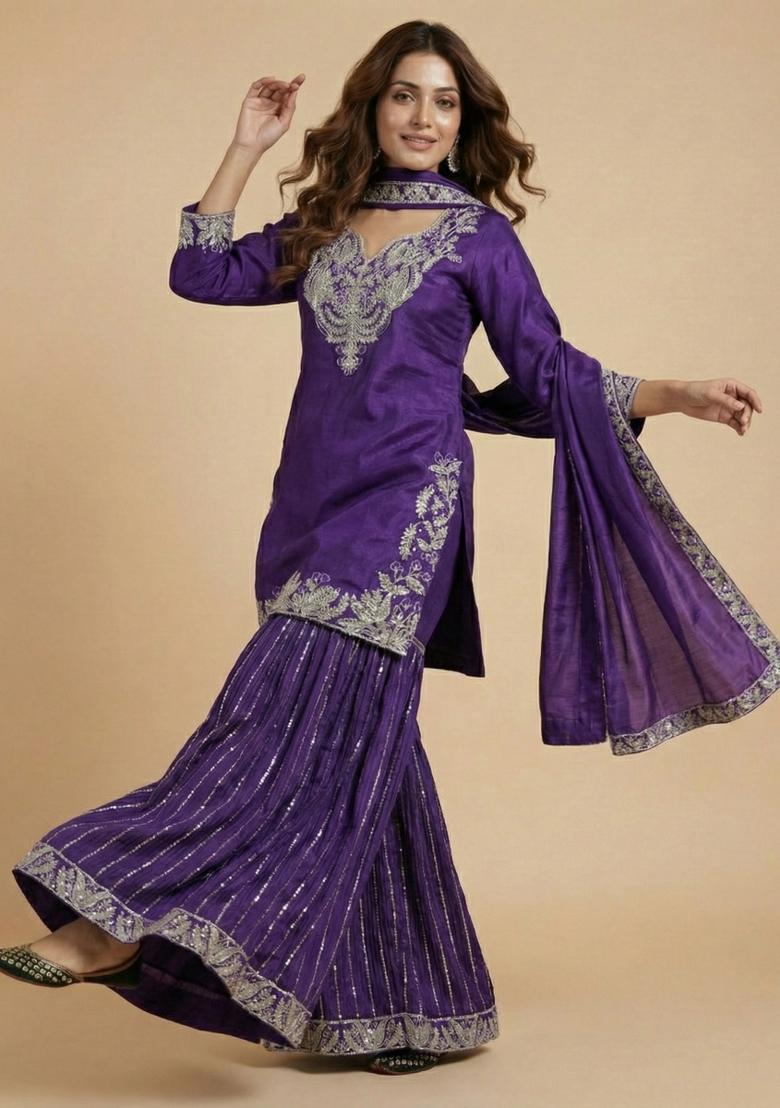 Purple Embroidered Silk Salwar Suit - Indya