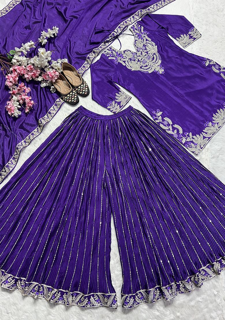 Purple Embroidered Silk Salwar Suit - Indya